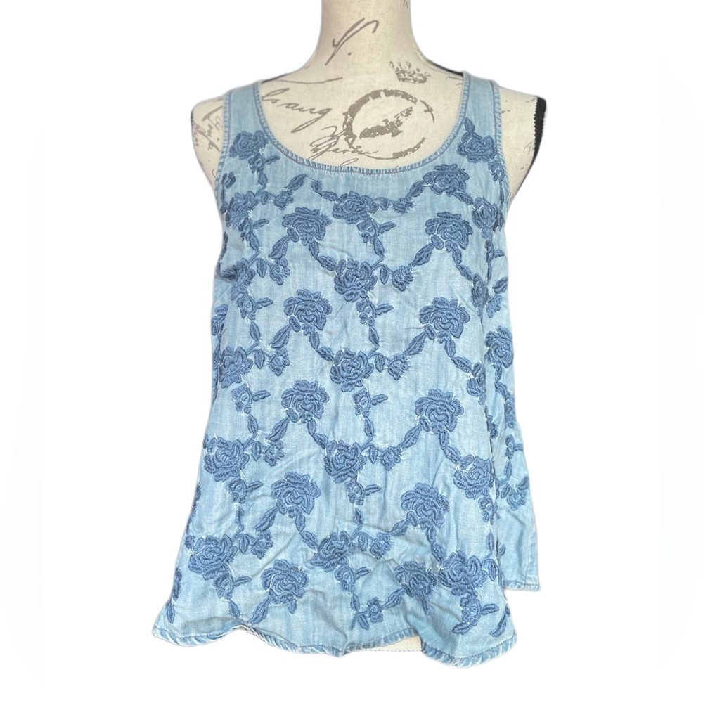 Abercrombie Fitch VTG Soft Chambray Floral Embroidered Split Back Tank Top - S